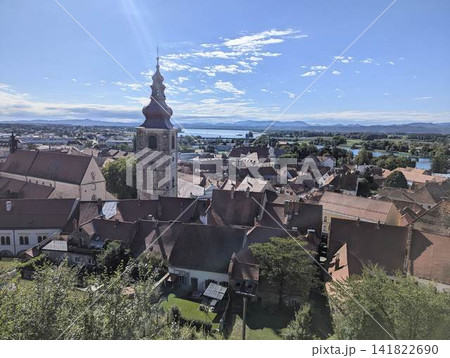 Panoramic view of old town red roofs and Drava river from Ptuj castle Slovenia Panoramic view of old town red roofs and Drava river from Ptuj castle Slovenia 141822690