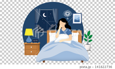 A stressed woman suffers from insomnia in her bedroom at night. The awake female character sits on bed, yawning or worrying with a scribble cloud above her head during mid night illustration A stressed woman suffers from insomnia in her bedroom at night. The awake female character sits on bed, yawning or worrying with a scribble cloud above her head during mid night illustration 141822736