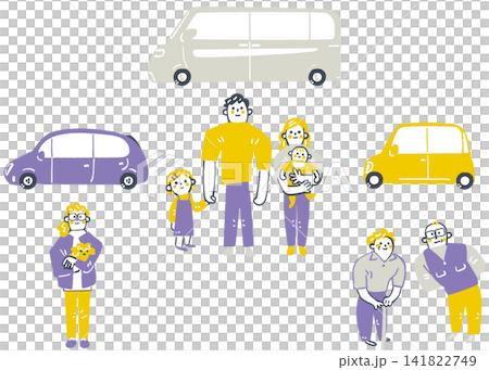 車中泊で避難する家族たち 単身女性・4人家族・シニア夫婦のセットイラスト 車中泊で避難する家族たち 単身女性・4人家族・シニア夫婦のセットイラスト 141822749