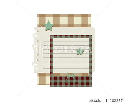 Vintage paper note frame vector, layered torn notepad page with plaid background, stars, and ribbon bow for scrapbooking Vintage paper note frame vector, layered torn notepad page with plaid background, stars, and ribbon bow for scrapbooking 141822774