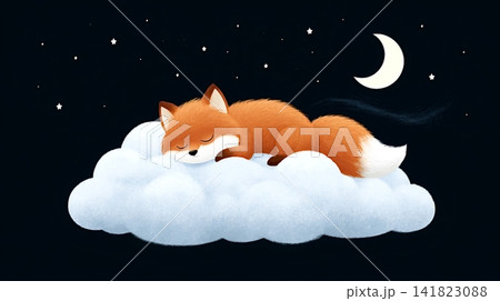 Cute fox sleeping peacefully on cloud under starry night sky Cute fox sleeping peacefully on cloud under starry night sky 141823088