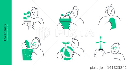 Eco friendly concept. Doodle line characters hold plant, earth globe, wind turbine, water bottle and reusable shopping bag. 141823242