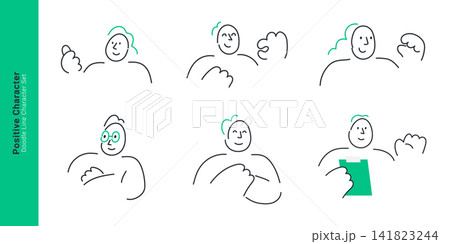 Positive character concept. Doodle line people show thumbs up, waving, crossed arms and confident smiling gestures. Positive character concept. Doodle line people show thumbs up, waving, crossed arms and confident smiling gestures. 141823244