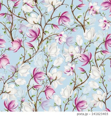 Magnolia white and pink flowers seamless pattern. Watercolor hand drawn spring lush blossom illustration isolated on background, transparent png. Botanical and wedding clip art. For greet Magnolia white and pink flowers seamless pattern. Watercolor hand drawn spring lush blossom illustration isolated on background, transparent png. Botanical and wedding clip art. For greet 141823403