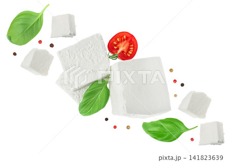 Feta cheese isolated on white background. With full depth of field. Top view. Flat lay 141823639