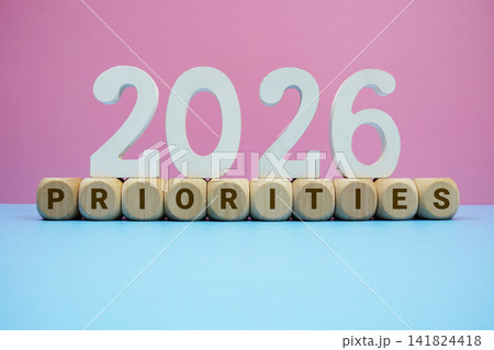 PRIORITIES 2026 alphabet letters on pink and blue background PRIORITIES 2026 alphabet letters on pink and blue background 141824418