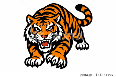 A vector illustration of a tiger mascot roaring fiercely and pouncing. 141824495