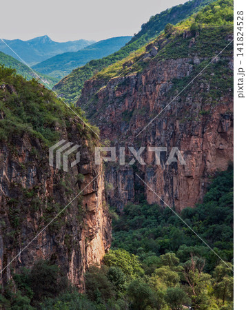 Rugged canyon walls with rich forest below Rugged canyon walls with rich forest below 141824528