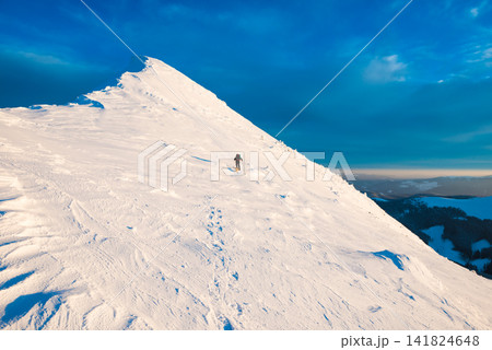 Mountaineer with dog climbing on mountain top 141824648
