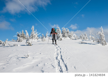 Man hiking on snow in mountains 141824694