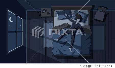 Woman Lying Awake in Bed at Night Top View Insomnia Sleep Deprivation Moonlight Room Illustration Woman Lying Awake in Bed at Night Top View Insomnia Sleep Deprivation Moonlight Room Illustration 141824724