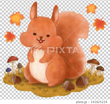 一幅可愛的水彩風格插圖，描繪了一隻鼓著腮幫子的松鼠、蘑菇和楓葉。 141825224