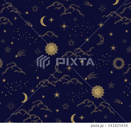 アンティーク風のおしゃれな天体のパターン　太陽　月　雲　星　シームレスな背景装飾イラスト　柄 141825438