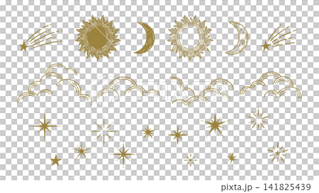 アンティーク風のおしゃれな天体のあしらい 太陽 月 雲 星 装飾イラストセット アンティーク風のおしゃれな天体のあしらい 太陽 月 雲 星 装飾イラストセット 141825439