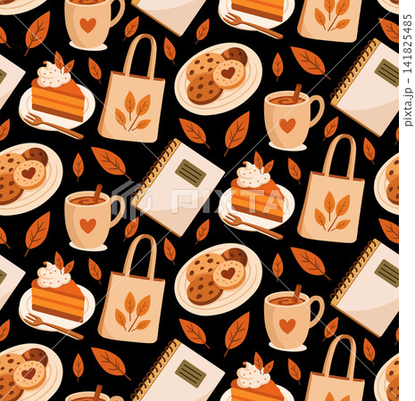 Cozy autumn seamless pattern vector, pumpkin pie slice, cookies, tote bags, spiral notebooks, warm coffee mugs, and fall leaves on black background Cozy autumn seamless pattern vector, pumpkin pie slice, cookies, tote bags, spiral notebooks, warm coffee mugs, and fall leaves on black background 141825485