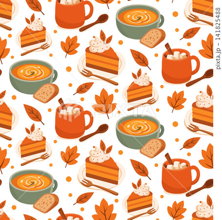 Cozy autumn seamless pattern vector, pumpkin soup bowls with bread, pie slices, hot cocoa mugs with marshmallows, and fall leaves on white background 141825488