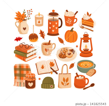 Cozy autumn clipart set vector, fall elements bundle, book stack, french press, candle, kerosene lantern, pumpkin, pie, and tote bag isolated icons for Thanksgiving design Cozy autumn clipart set vector, fall elements bundle, book stack, french press, candle, kerosene lantern, pumpkin, pie, and tote bag isolated icons for Thanksgiving design 141825543