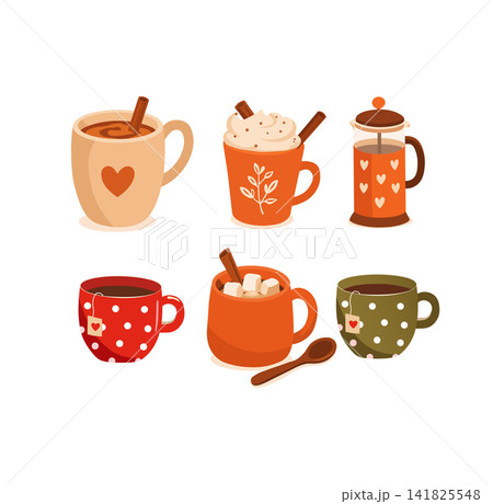 Cozy autumn drink clipart set vector, fall hot beverage icons bundle, warm coffee mugs with cinnamon sticks, hot chocolate with marshmallows, and french press isolated elements 141825548