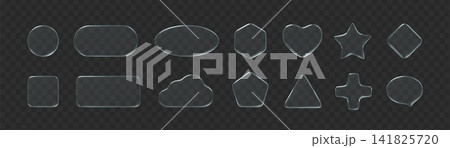 Liquid glass shape circle, rounded rectangle, oval, hexagon, heart, star, cloud, pentagon, triangle, plus and speech bubble on dark transparent background. 141825720