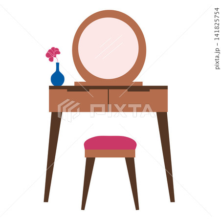 Retro mid century modern vanity table vector, wooden dressing table with round mirror, stool, and flower vase isolated on white background Retro mid century modern vanity table vector, wooden dressing table with round mirror, stool, and flower vase isolated on white background 141825754