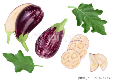 striped eggplant graffiti isolated on white background with full depth of field. Top view. Flat lay striped eggplant graffiti isolated on white background with full depth of field. Top view. Flat lay 141825775