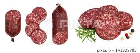 Smoked sausage salami with slices isolated on white background with full depth of field. Top view. Flat lay Smoked sausage salami with slices isolated on white background with full depth of field. Top view. Flat lay 141825785
