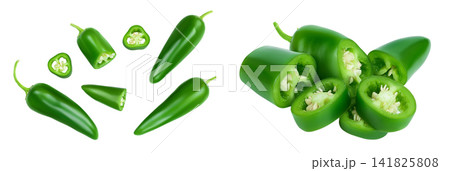 jalapeno peppers isolated on white background. Green chili pepper . Top view. Flat lay jalapeno peppers isolated on white background. Green chili pepper . Top view. Flat lay 141825808