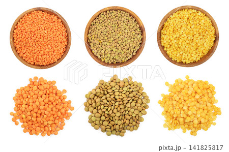 red green and yellow lentil in wooden bowl isolated on white background. Top view 141825817