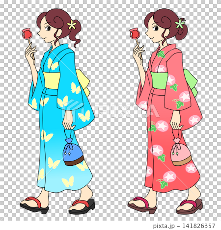 A woman in a yukata holding a candy apple A woman in a yukata holding a candy apple 141826357