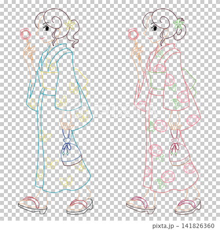身穿浴衣的女子手拿糖蘋果(彩色線條描圖) 身穿浴衣的女子手拿糖蘋果(彩色線條描圖) 141826360