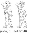 わたあめを持つ浴衣姿の女性　モノクロ線画 141826489