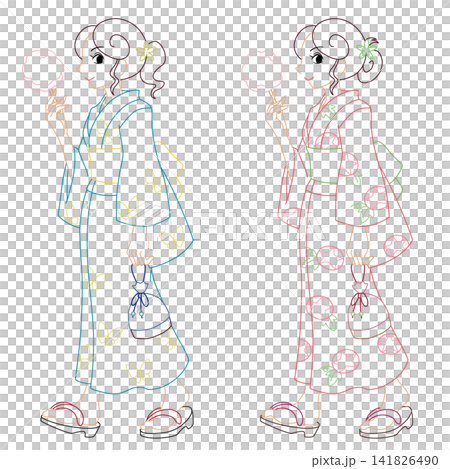 身穿浴衣的女子手捧棉花糖(彩色線條描圖) 身穿浴衣的女子手捧棉花糖(彩色線條描圖) 141826490