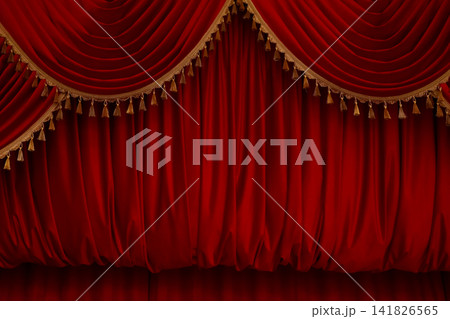 Elegant red theater curtains with golden tassels for a performance setting 141826565