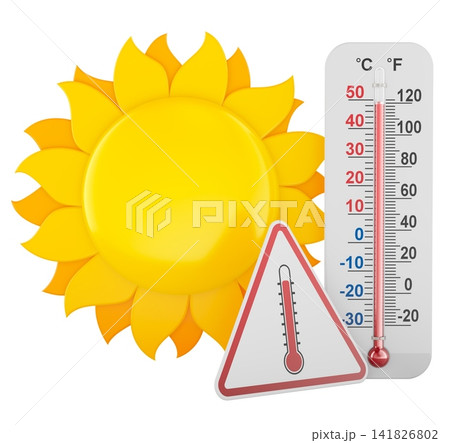 Heat wave warning with sun, thermometer and high temperature sign. 3D rendering Heat wave warning with sun, thermometer and high temperature sign. 3D rendering 141826802