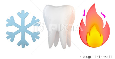 Tooth sensitivity to hot and cold, concept. Tooth with flame and snowflake. 3D rendering 141826811