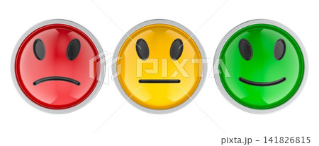 Customer satisfaction rating with red yellow and green smiley faces. 3D rendering Customer satisfaction rating with red yellow and green smiley faces. 3D rendering 141826815