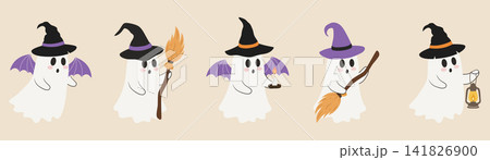 Halloween ghost with witch hat clipart collection for seasonal design 141826900