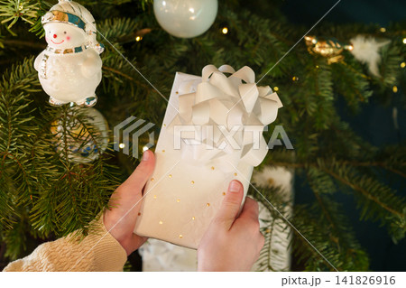 Hands holding wrapped Christmas gift under decorated tree at home Hands holding wrapped Christmas gift under decorated tree at home 141826916