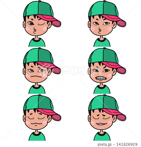 かわいい男の子キャラクターの表情セット　ウインク・考える・嫌・すっとぼけ・安堵・したり顔など6種類 141826929