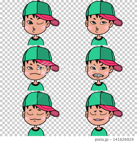 かわいい男の子キャラクターの表情セット　ウインク・考える・嫌・すっとぼけ・安堵・したり顔など6種類 141826929