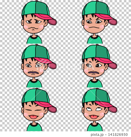 A set of six cute boy character expressions: smiling, crying, scheming, surprised, and downturned mouth. A set of six cute boy character expressions: smiling, crying, scheming, surprised, and downturned mouth. 141826930
