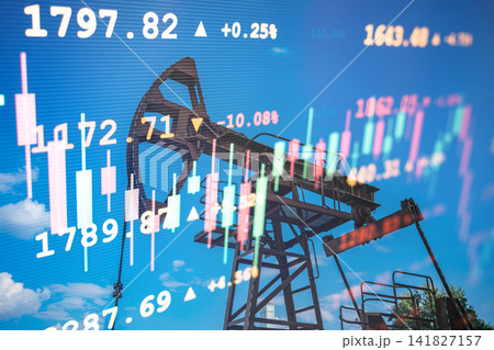 Oil pump jack double exposure with stock market candlestick chart and trading data on blue sky background, energy finance concept Oil pump jack double exposure with stock market candlestick chart and trading data on blue sky background, energy finance concept 141827157