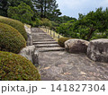 日本庭園 三景園の青空へ続く静かな石畳の階段と刈込の緑 日本庭園 三景園の青空へ続く静かな石畳の階段と刈込の緑 141827304