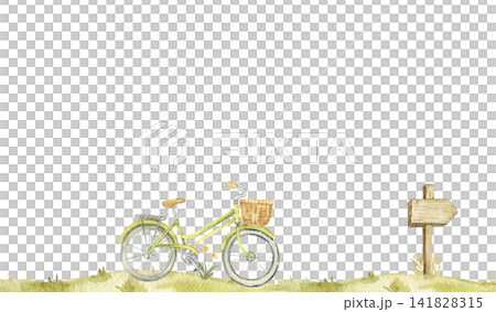 Vintage bicycle with basket beside a wooden sign. Watercolor seamless border for nursery decor, greeting cards, story illustrations and countryside themed projects. Vintage bicycle with basket beside a wooden sign. Watercolor seamless border for nursery decor, greeting cards, story illustrations and countryside themed projects. 141828315