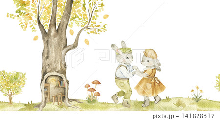 Two dancing woodland bunnies beneath an old forest tree. Watercolor seamless border for nursery decor, greeting cards, story illustrations and autumn themed projects. 141828317