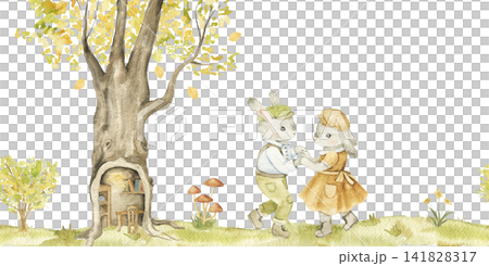 Two dancing woodland bunnies beneath an old forest tree. Watercolor seamless border for nursery decor, greeting cards, story illustrations and autumn themed projects. 141828317