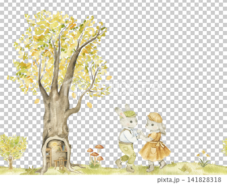 Two dancing woodland bunnies beneath an old forest tree. Watercolor seamless border for nursery decor, greeting cards, storybooks and autumn themed projects. Two dancing woodland bunnies beneath an old forest tree. Watercolor seamless border for nursery decor, greeting cards, storybooks and autumn themed projects. 141828318