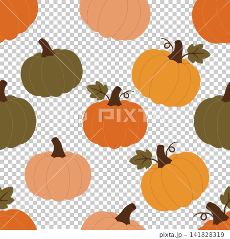 Autumn pumpkin seamless pattern with orange and peach pumpkins and leaves on black background Autumn pumpkin seamless pattern with orange and peach pumpkins and leaves on black background 141828319