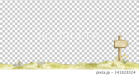 Wooden sign surrounded by grass, stones and mushrooms. Watercolor seamless border for nursery decor, greeting cards, story illustrations and woodland themed projects. Wooden sign surrounded by grass, stones and mushrooms. Watercolor seamless border for nursery decor, greeting cards, story illustrations and woodland themed projects. 141828324