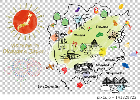 一張描繪岡山縣旅遊景點和吉祥物的地圖，配有可愛的手繪插圖。 141829722